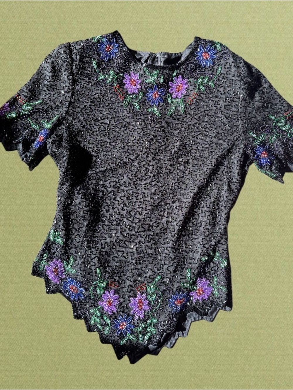 Black Floral Beaded Short-Sleeve Women's Top